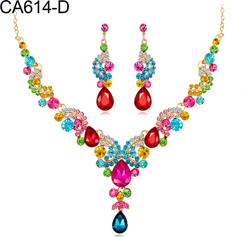 Damen-Schmuckset mit elegantem Strass-Anhänger, Halskette und Ohrringen-Bunt