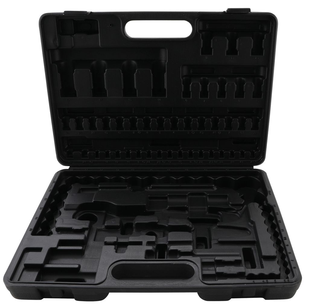 An open black tool case with custom-molded compartments for tools.