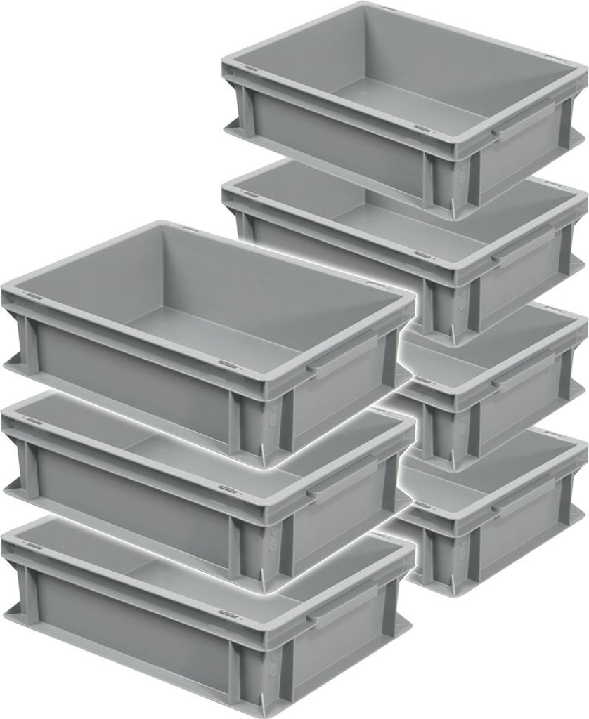 7 Eurobehälter mit 2 Griffleisten, LxBxH 400x300x120 mm, 11 Liter, grau