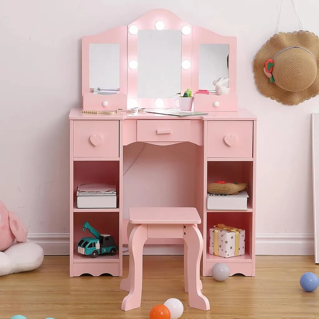 Coiffeuse pour enfants en bois violet avec miroir triptyque et chaise