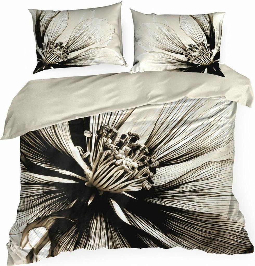 EUROFIRANY | Bettbezug Set - Bettgarnitur - 160 x 200 cm - Beige Schwarz - 100% Baumwolle - Bettwäsche - Blumenmuster