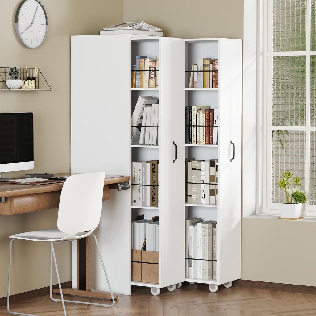 okwish Vitrine wohnzimmer mit 4 Ebenen,Highboard mit Rollen,Beistellschrank Bücherregal weiß zu 20 kg,Schrank für Wohnzimmer