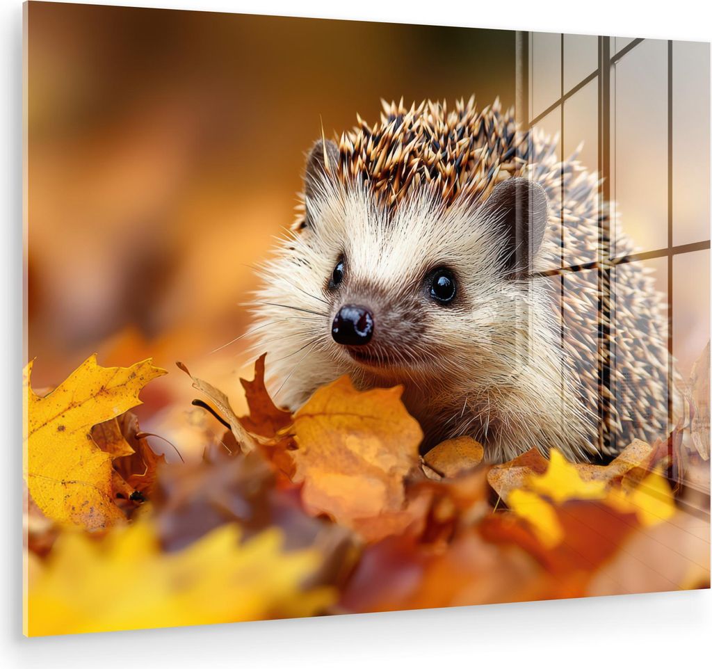 MuchoWow Glasbilder - Bilder auf Wandbild - Foto auf Glas Igel - Wald - Herbstblätter - Herbst - Waldtiere - Natur 40x30 cm Wanddekoration aus Gla...