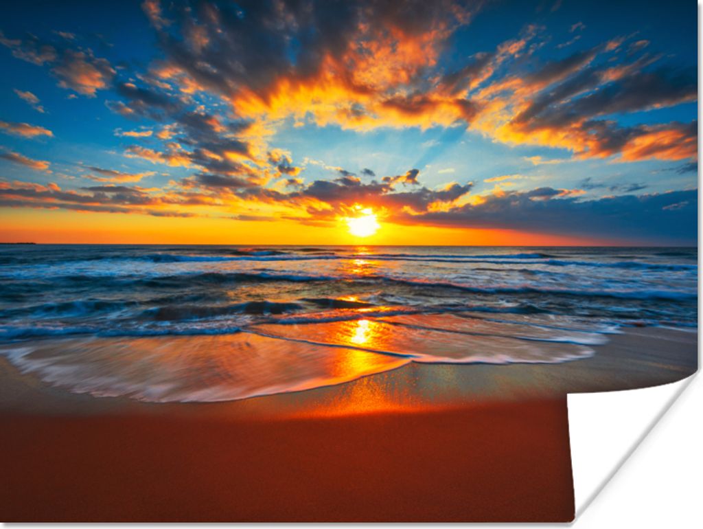 MuchoWow Poster Meer - Sonnenuntergang - Strand - Wolken - Orange 120x90 cm - Wandbild