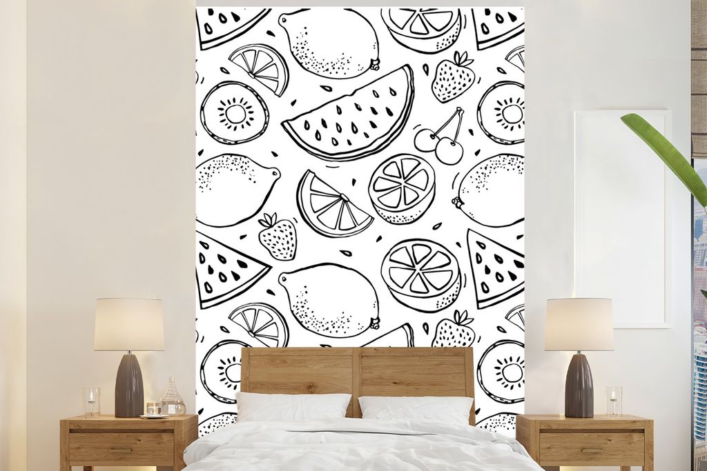 MuchoWow Fototapete für Wohnzimmer oder Schlafzimmer Wandtapete Vinyl Motivtapete Obst - Muster - Schwarz - Weiß - 155x240 cm - Tapete