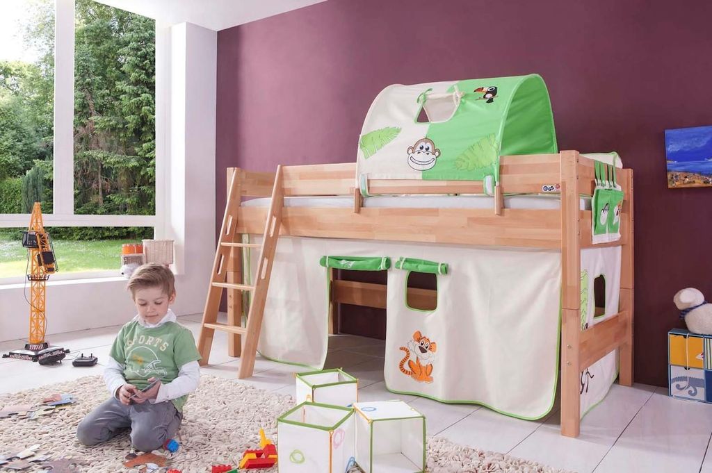 Halbhohes Einzelbett Kim Buche massiv lackiert 90x200 cm mit Textilset