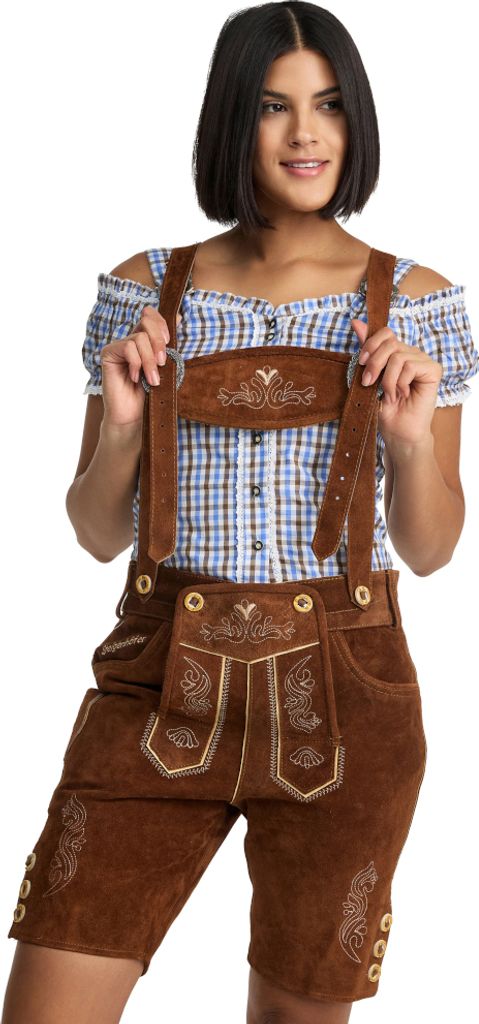 Steigenhöfer Traditionelle Lederhose für Damen mit Trägern Mittelbraun 38