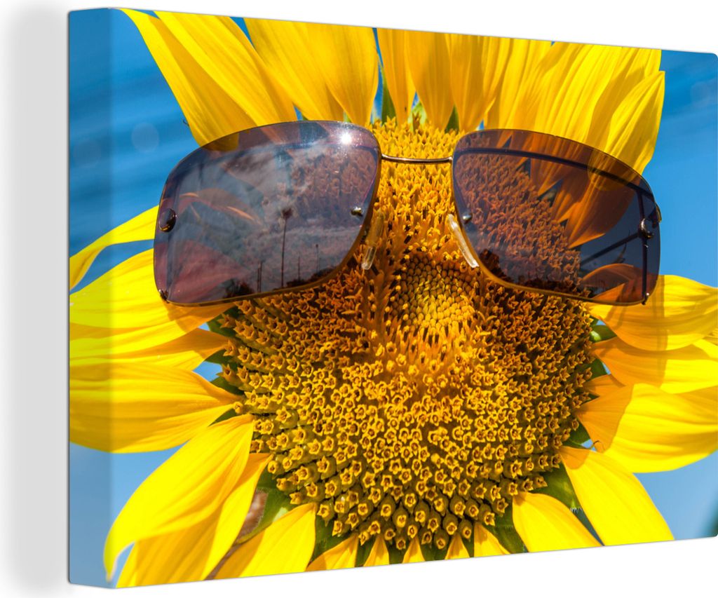 OneMillionCanvasses - Leinwandbilder - 140x90 cm, Sonnenblume mit Sonnenbrille, Wandbilder Kunstdruck Wanddekoration