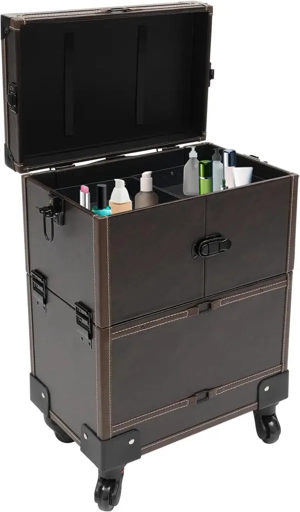Valise à maquillage 4 roues pivotantes et poignée télescopique en cuir PU - 10