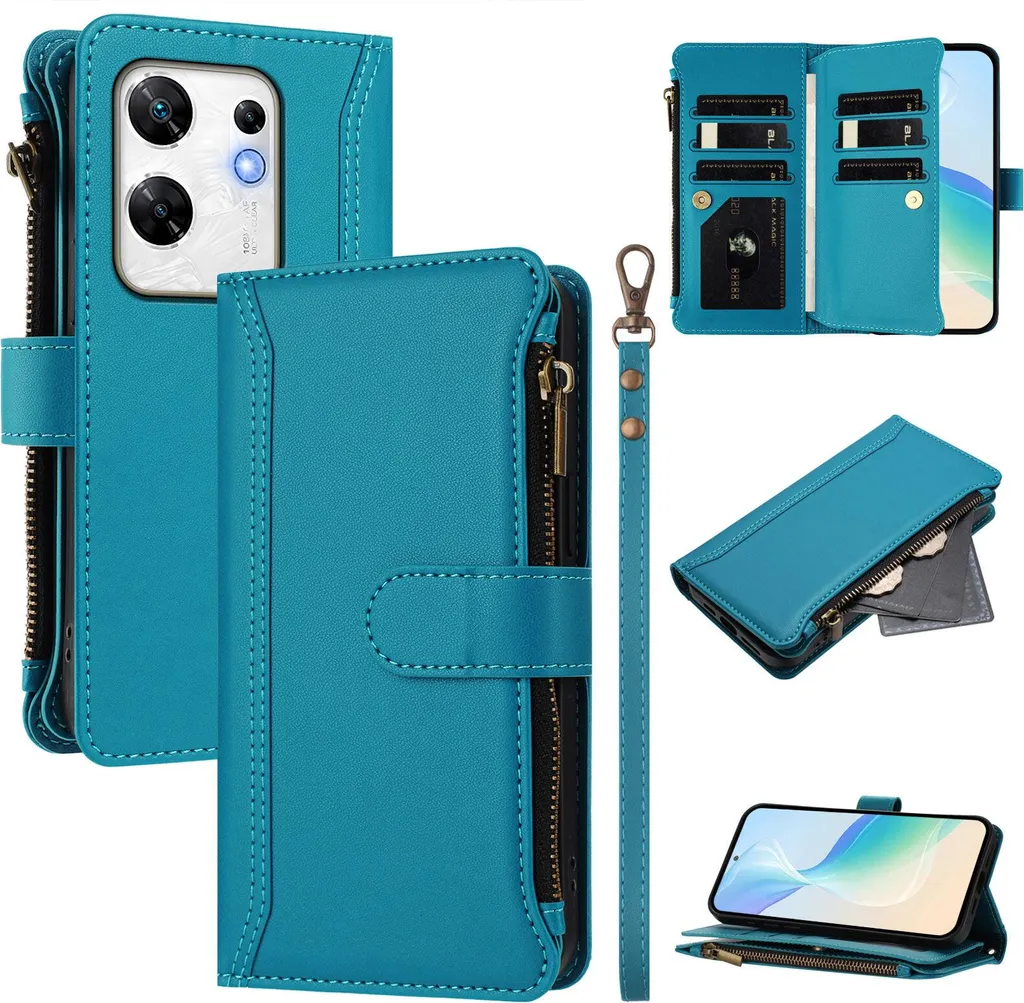 Custodia per Infinix Zero 30 4G, con cerniera, portafoglio Custodia flip in Finto cuoio con tasche per carte, supporto e passante per mani Lake blu