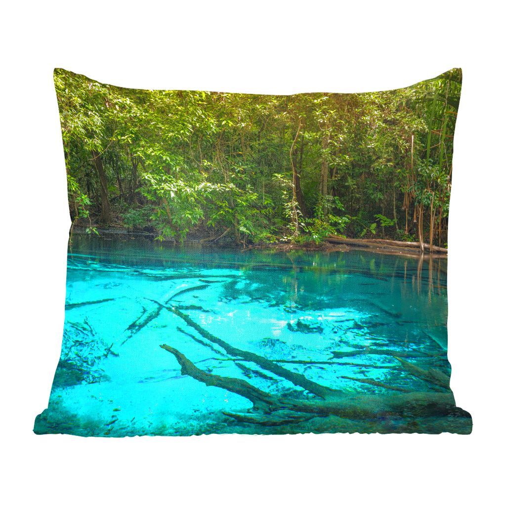 MuchoWow Zierkissen Sofakissen Wohnzimmer Dekokissen 60x60 cm Leuchtend blauer See im Dschungel - Sitzfläche - Foto Polster