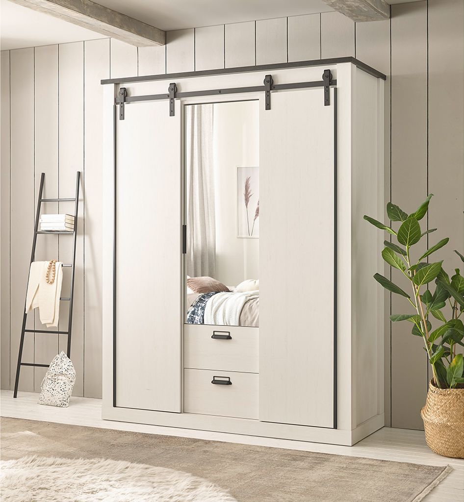 Kleiderschrank mit Spiegeltür SHELTON-61 in Pinie weiß mit anthrazit