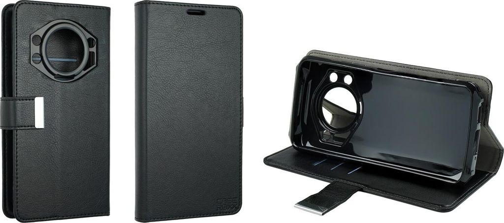 A black leather flip case for a smartphone, shown from different angles.
