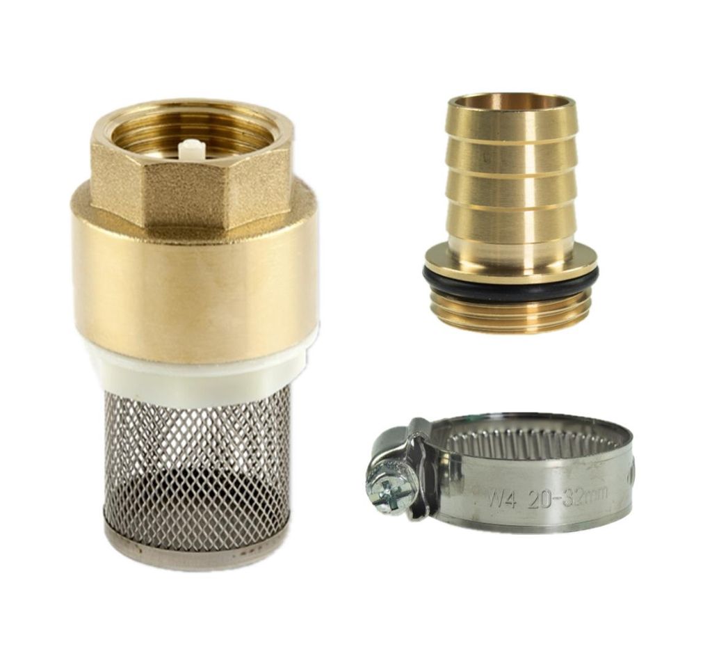Saugfilter Set 1 1/4" Zoll, Messing, Fußventil mit Rückschlagventil, Saugkorb, Tülle und Schlauchschelle (Rückschlagklappe Kunststoff, 1 1/4")