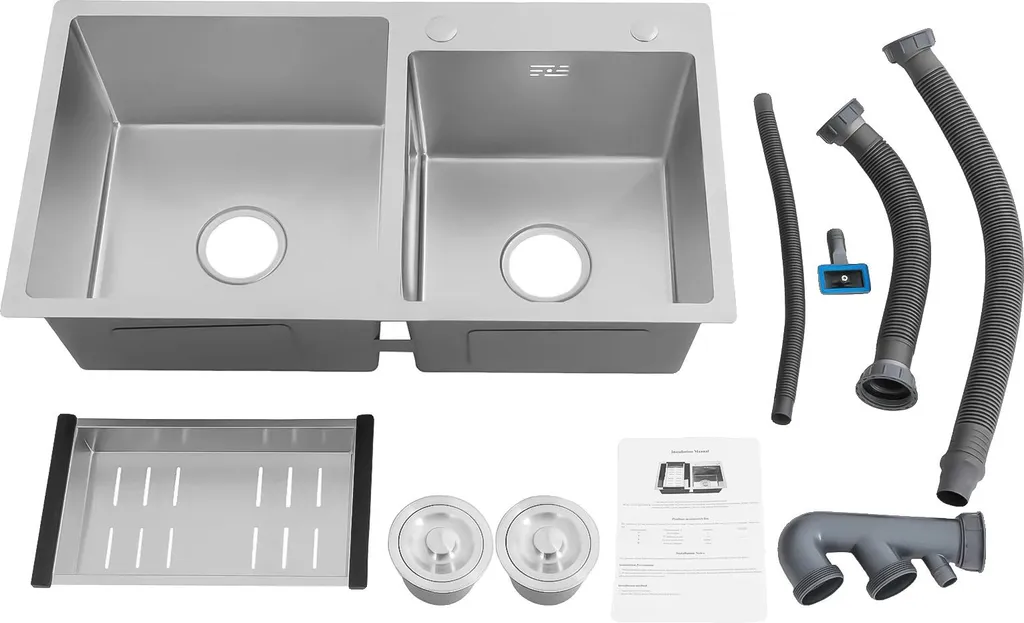 Évier de cuisine double cuve en acier inoxydable argenté - Modèle Pro V8