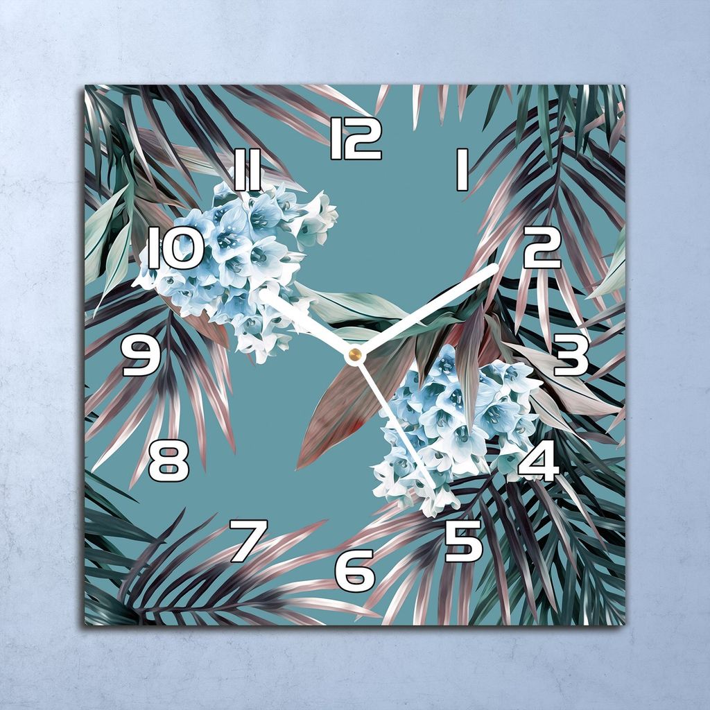 Deko Glasuhr Wanduhr 30x30 Palmblätter Blüten Quarz Küchenuhr Bürouhr