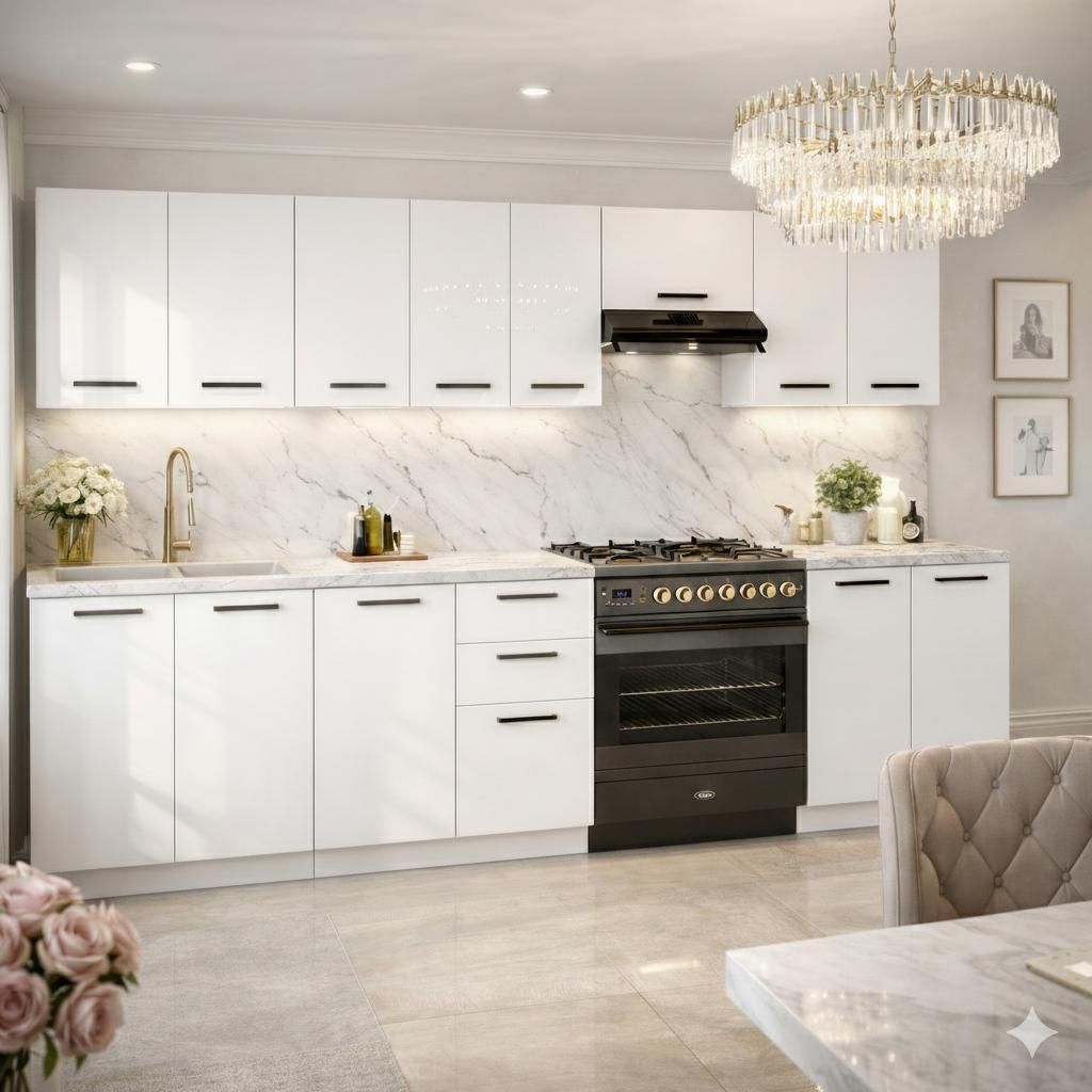 ULWEHOME Küchenmöbel Küchenmöbel-Set Küche Mediolan 280 cm | Unterschrank - Regal - Arbeitsplatte - Küchenzeile - neue Küche | Weiß Hochgla...