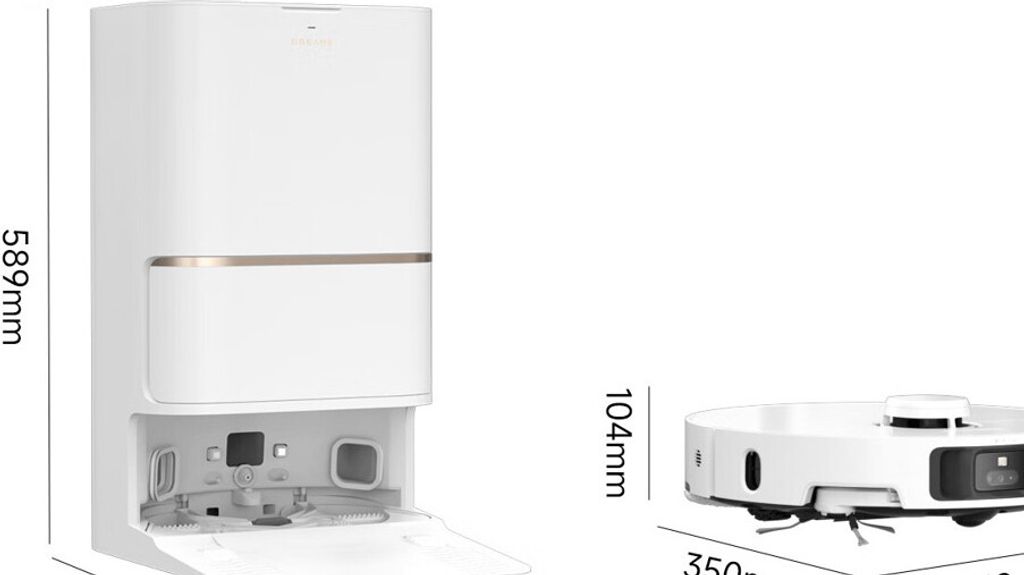 Collage showing a robot vacuum cleaner and its charging/cleaning station, with dimensions indicated.