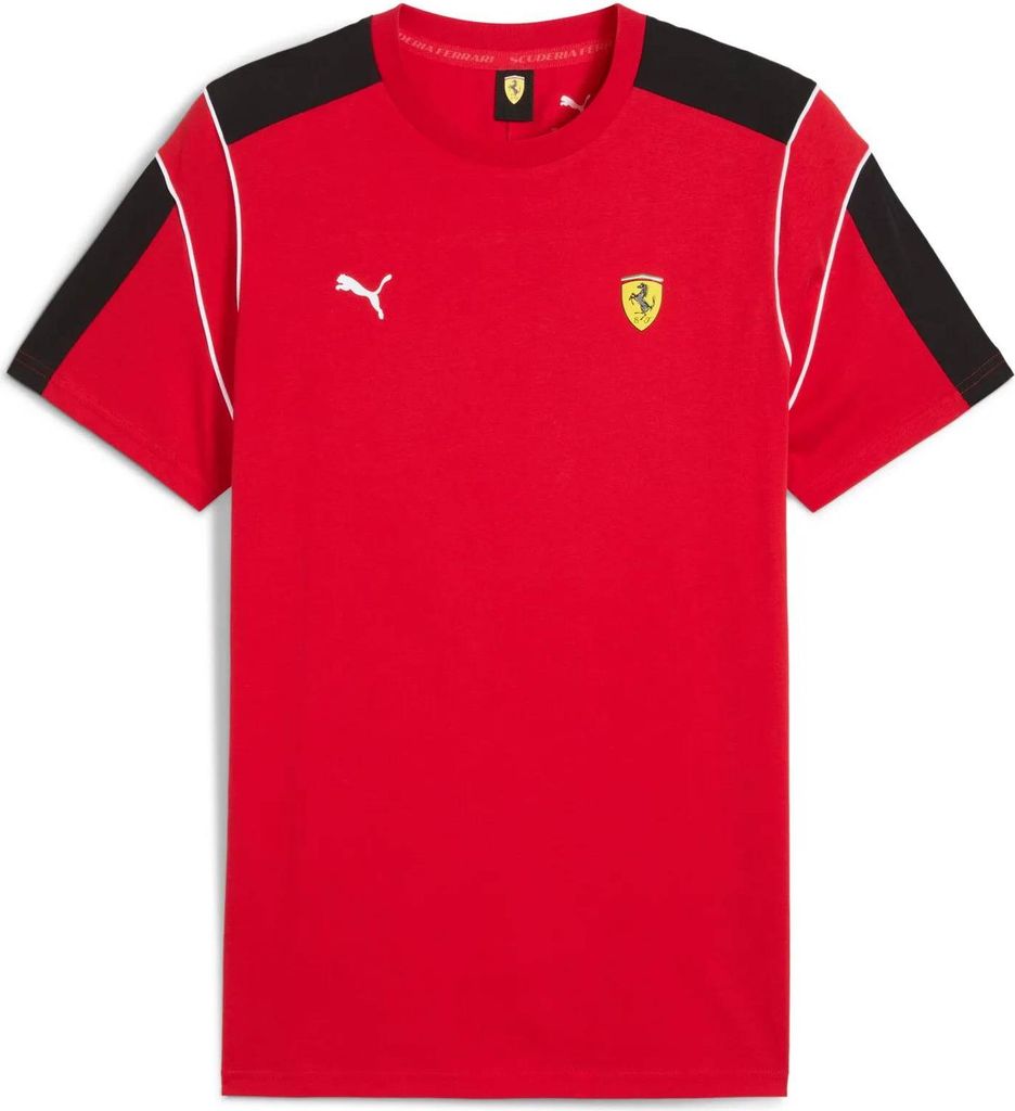 Scuderia Ferrari T-Shirt MT7 Puma, Offizieller Fanartikel, Rotes T-Shirt mit Ferrari Wappen und schwarzen Kontrasteinsätzen, 100% Baumwolle