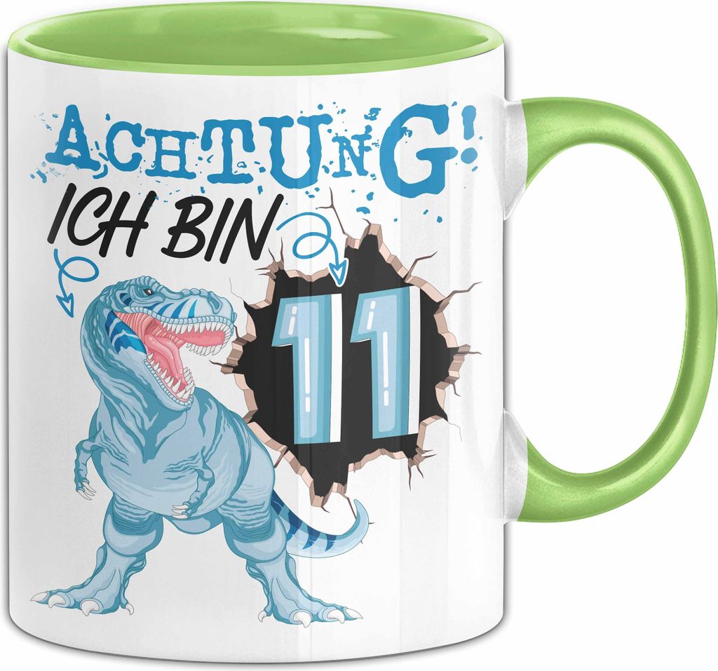 11. Geburtstag Geschenk Tasse Becher Jungs Sohn T-Rex Geburtstagsgeschenk Dinosaurier Achtung Ich bin 11 (Grün)