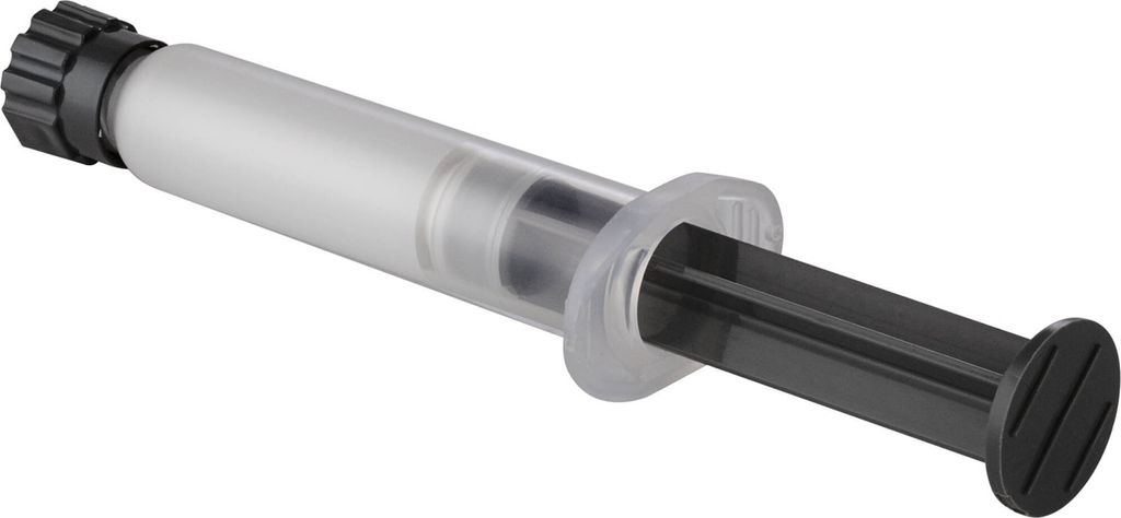 A product shot of a syringe-like dispenser against a white background.