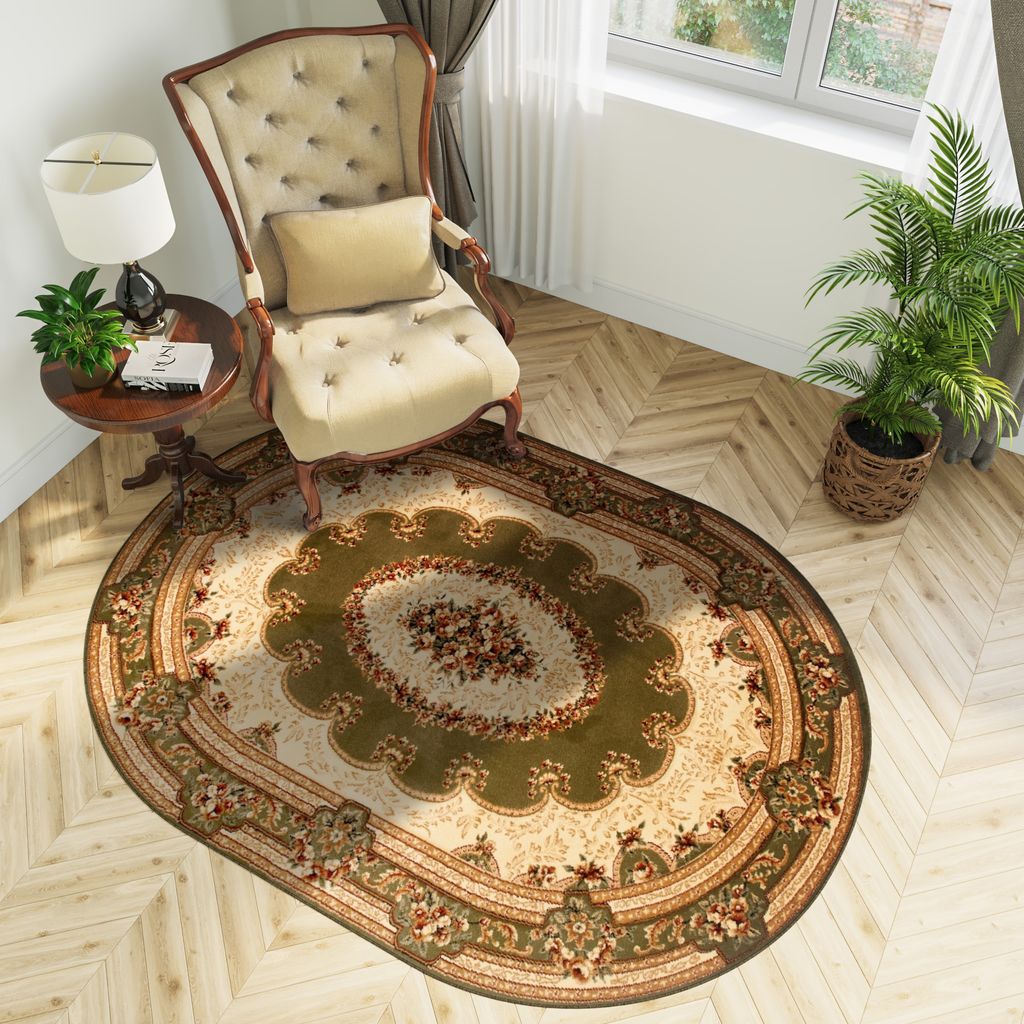 Teppich Oval Wohnzimmer Schlafzimmer Kurzflor Klassisch Design Grün Braun 70 x 140 cm