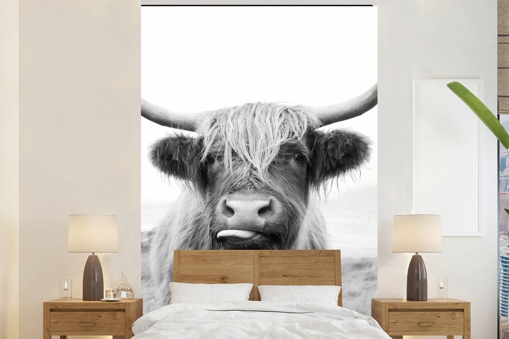 MuchoWow Fototapete für Wohnzimmer oder Schlafzimmer Wandtapete Vinyl Motivtapete Tiere - Schottischer Highlander - Kuh - Schwarz - Weiß - 180x...