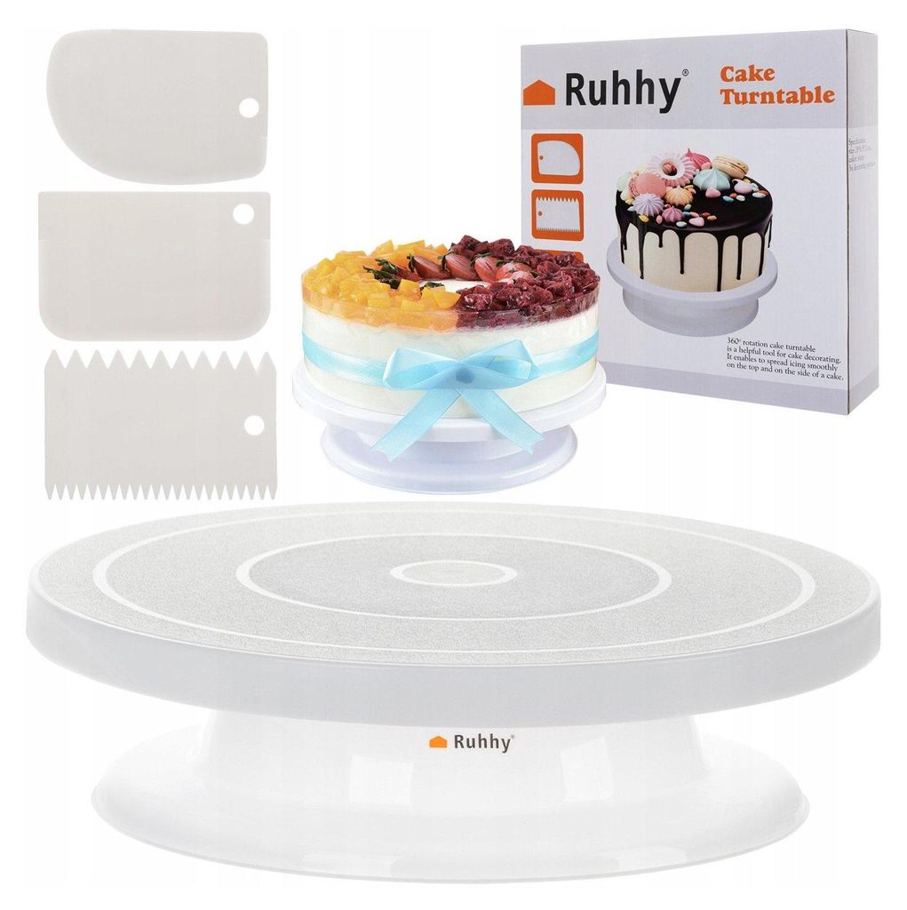 A collage of a cake turntable and cake decorating tools, with a box in the background.