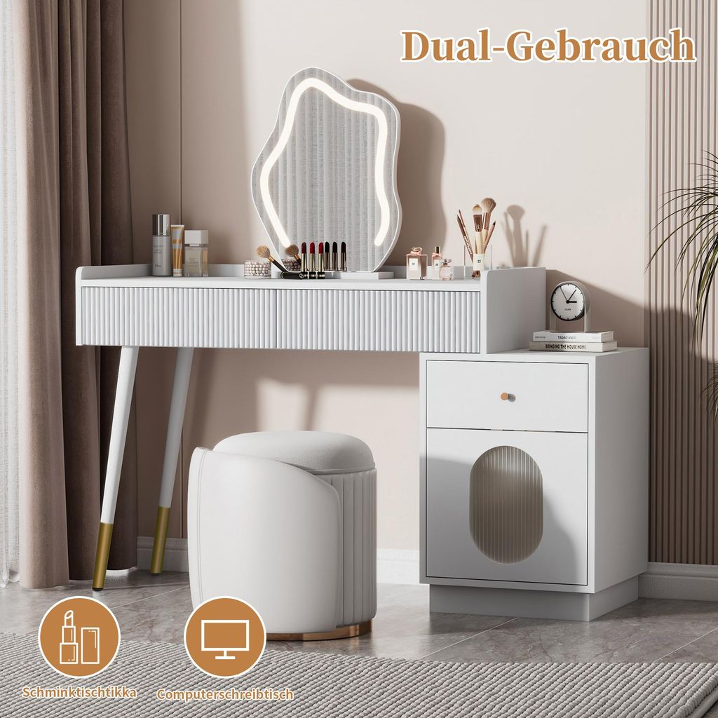 A white vanity table with a mirror, stool, and drawers, set in a room with curtains and a plant.