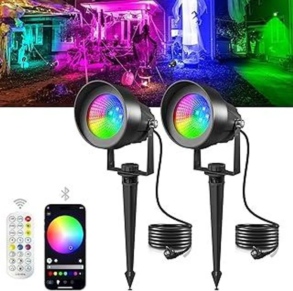 T-SUN RGB Illuminazione da giardino a LED con telecomando e controllo tramite app, IP65 Impermeabile Luci da giardino con alimentazione elettrica, 16 colori 44 modalità dinamiche RGB Faretti da giardino per esterni, prato, alberi, vialetti (2 pezzi) - 1