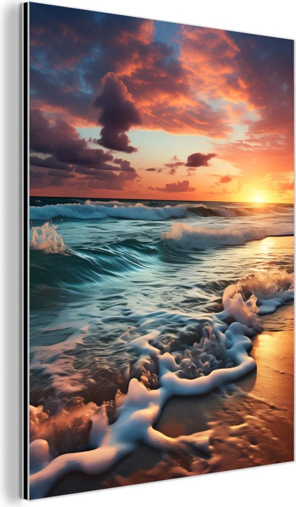 MuchoWow Wanddekoration Metall Metallbild Wandkunst 60x80 cm Sonnenuntergang - Strand - Meer - Golfen MuchoWow Aluminium Gemälde - Wanddekoration ...