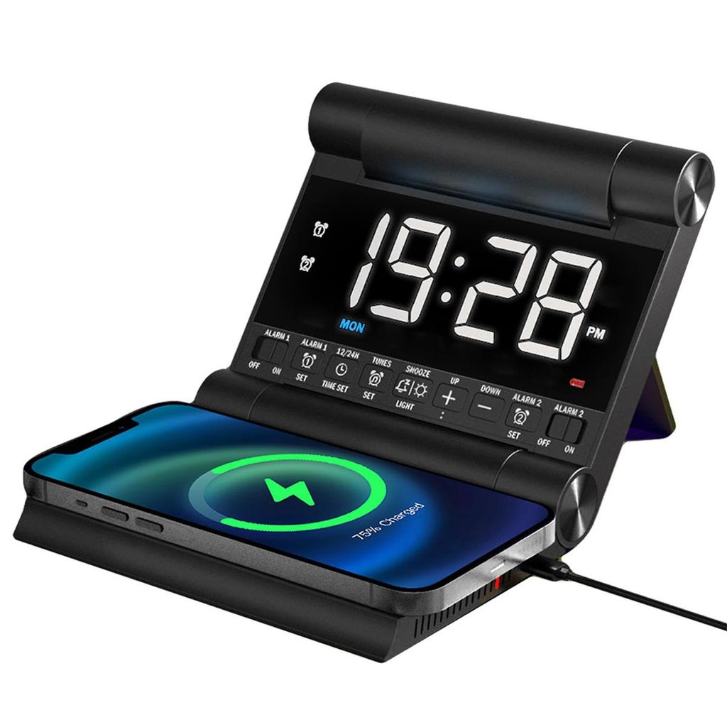 Wecker mit kabelloser Ladefunktion, digitaler Smart-Tischwecker, 2 Alarme, 4 Helligkeitsstufen, faltbares Design, integrierter Akku