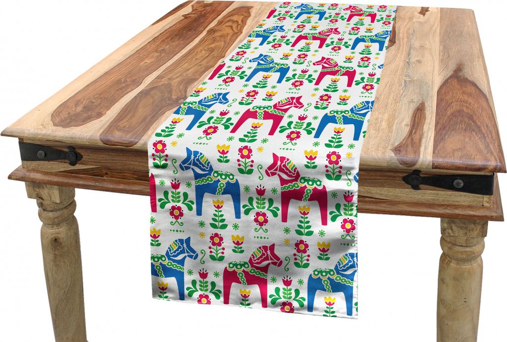 ABAKUHAUS Pferde Tischläufer, Dalecarlian Motiv Floral, Esszimmer Küche Rechteckiger Dekorativer Tischläufer, 40 x 225 cm, Mehrfarbig