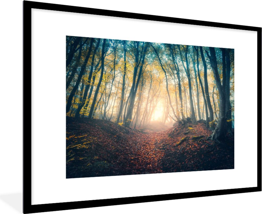 MuchoWow Gerahmtes Poster Wald - Nebel - Sonne - Herbst 90x60 cm - Poster mit Schwarzem Bilderrahmen Wandposter Rahmen Foto Bilder - Wanddekorati...