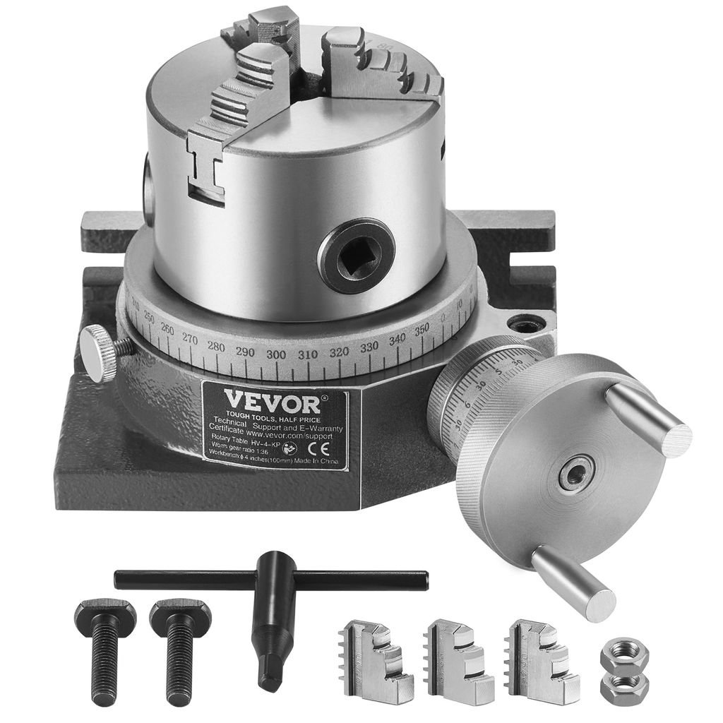 A VEVOR milling machine rotary table with accessories is displayed on a white background.