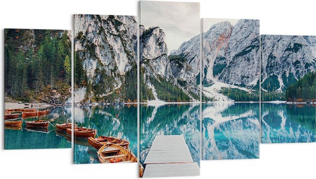 Bild auf Leinwand - Leinwandbild - 5 Teile - Boote Berge Hafen - 160x85cm - Wand Bild - Wanddeko - Wandbilder - Leinwanddruck - Bilder - Wanddekora...
