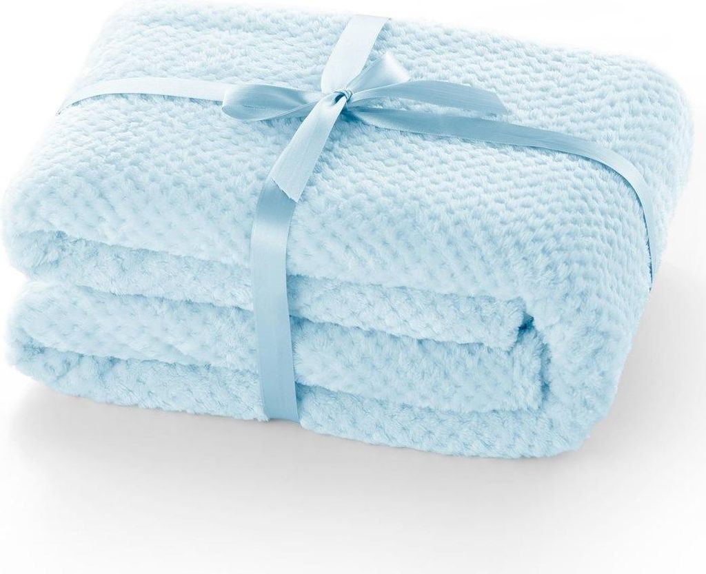 A folded baby blue blanket tied with a light blue ribbon, presented on a white background.