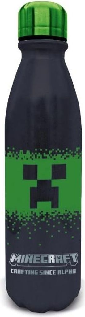 A black aluminum water bottle with a green Minecraft Creeper design and logo.