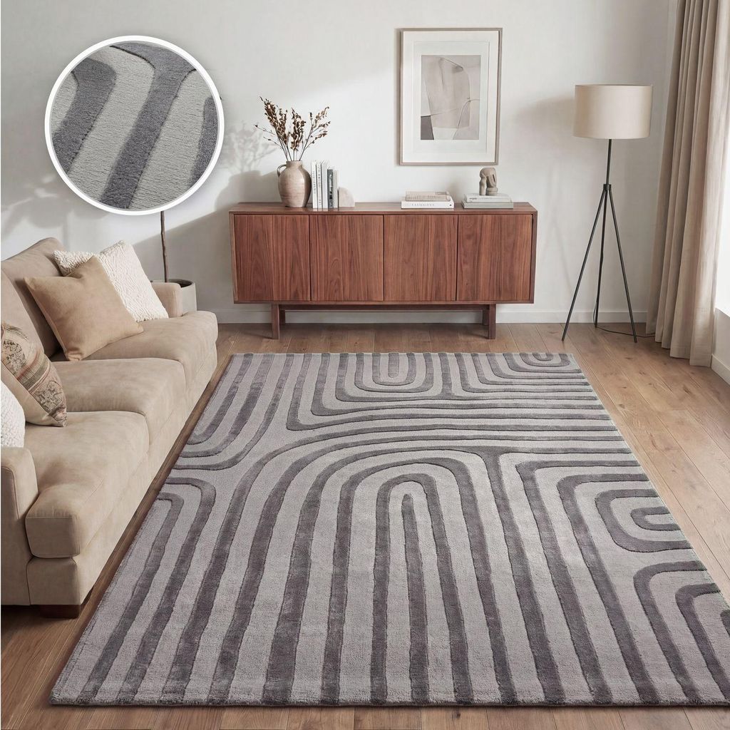 TT Home Wohnzimmer Teppich Esszimmer Kurzflor Boho Design Skandinavisch Abstrakte Optik Unifarben Hoch-Tief-Effekt Modern Größe 160x220 cm