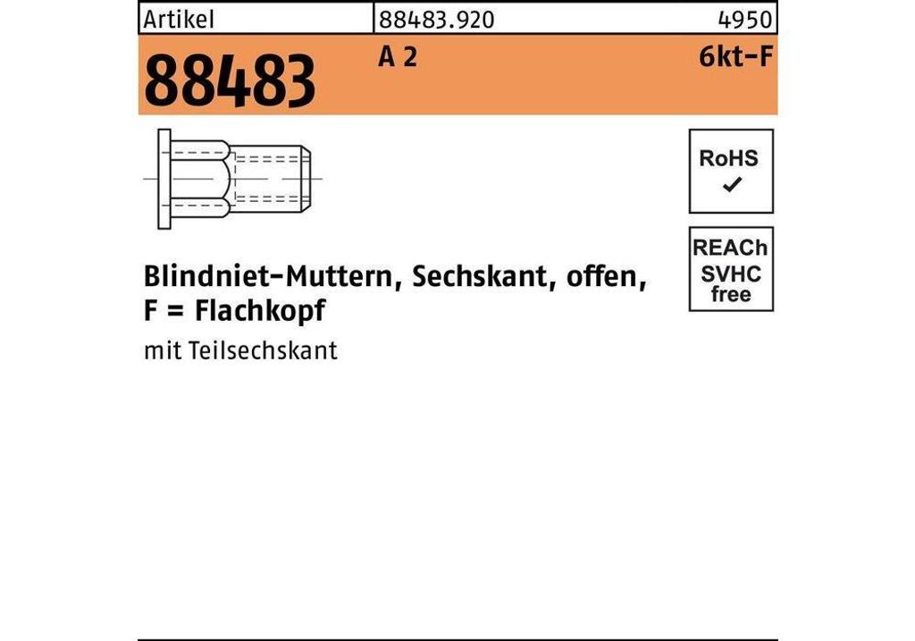 Reyher Blindnietmu. 6-kt. A2 m. 6-kt Flako M 6/0,5-3,0 (500 Stück)