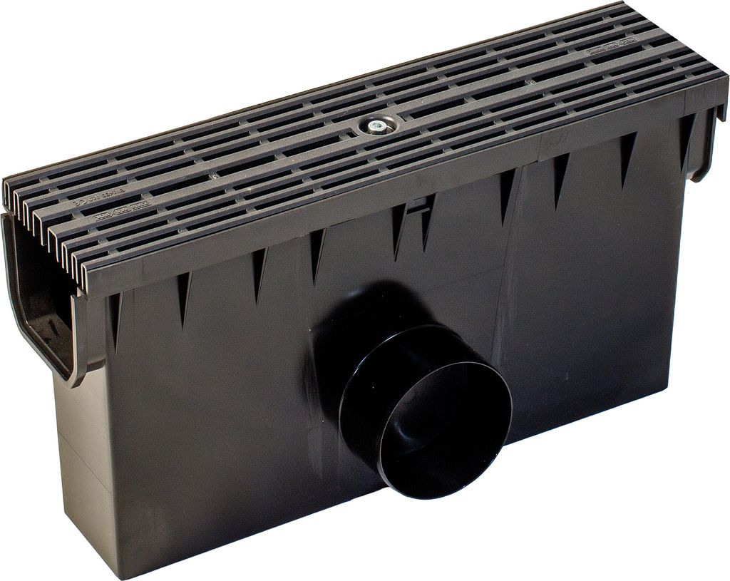 A black drainage channel with a grate on top and a pipe outlet on the side, isolated on a white background.