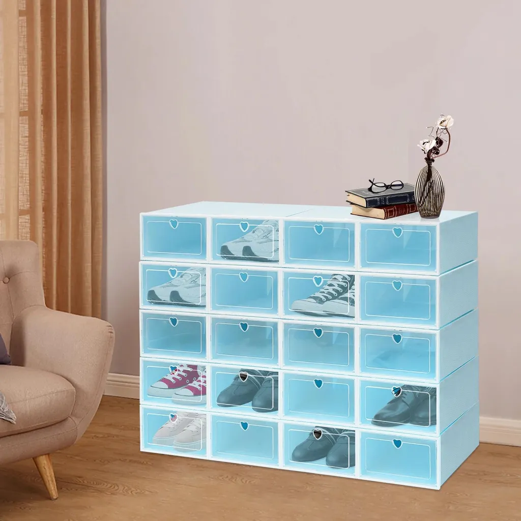 Organisateur de Dressing : 20 Boîtes de Rangement Chaussures Bleu PP/ABS
