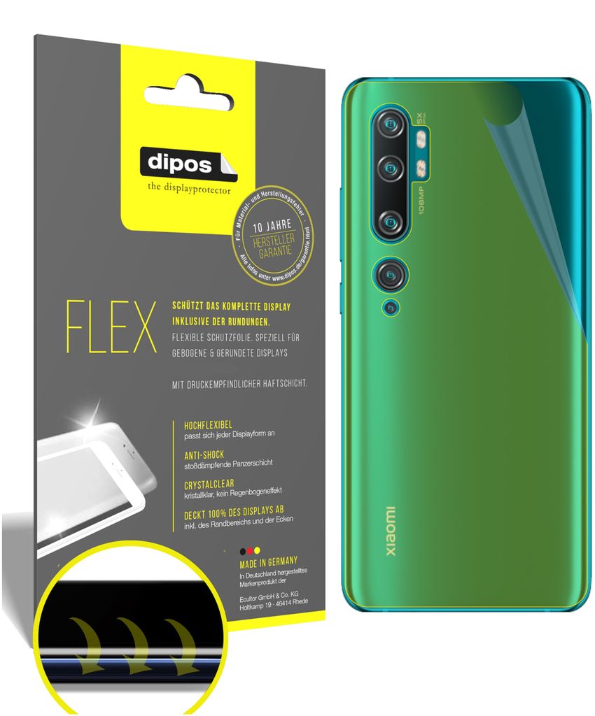 3x Schutzfolie für Xiaomi Mi Note 10 Rückseite Folie, 100% Displayabdeckung, dipos Flex