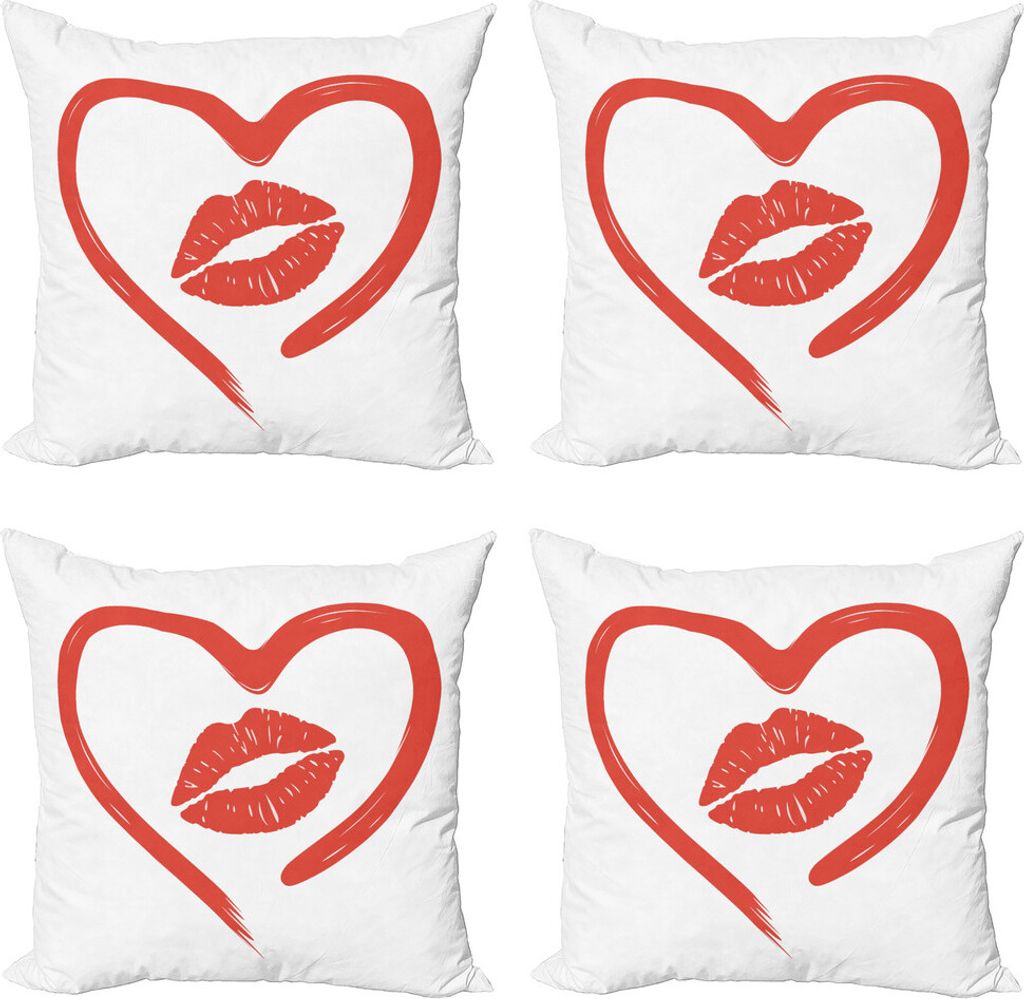 ABAKUHAUS Kuss Kissenbezug Set (4 Stück), Romantik Leidenschaft Lippenstift, Moderner Doppelseitiger Digitaldruck, 60 cm x 60 cm, Weiß und Vermilion