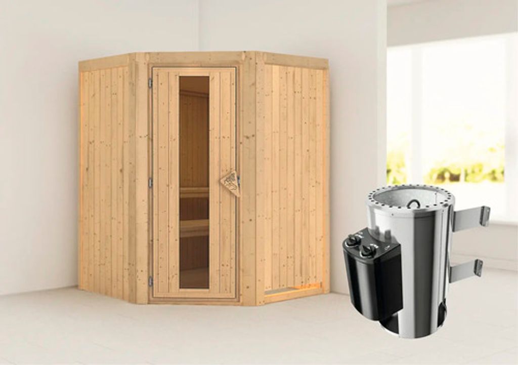 Plug & Play Sauna Karibu Kanja inkl. 3,6 kW Ofen u.integr.Steuerung ohne Dachkranz mit Holztüre aus Isolierglas wärmeged