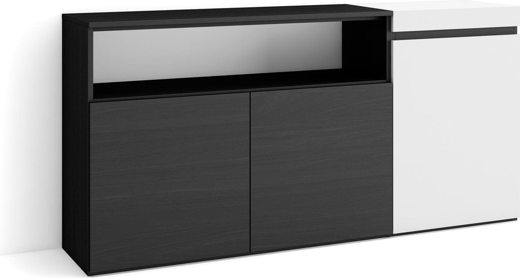 Sideboard, Highboard, 150x35x75cm, 3 Türen, Wohnzimmer, Küche, Weiß und Schwarz