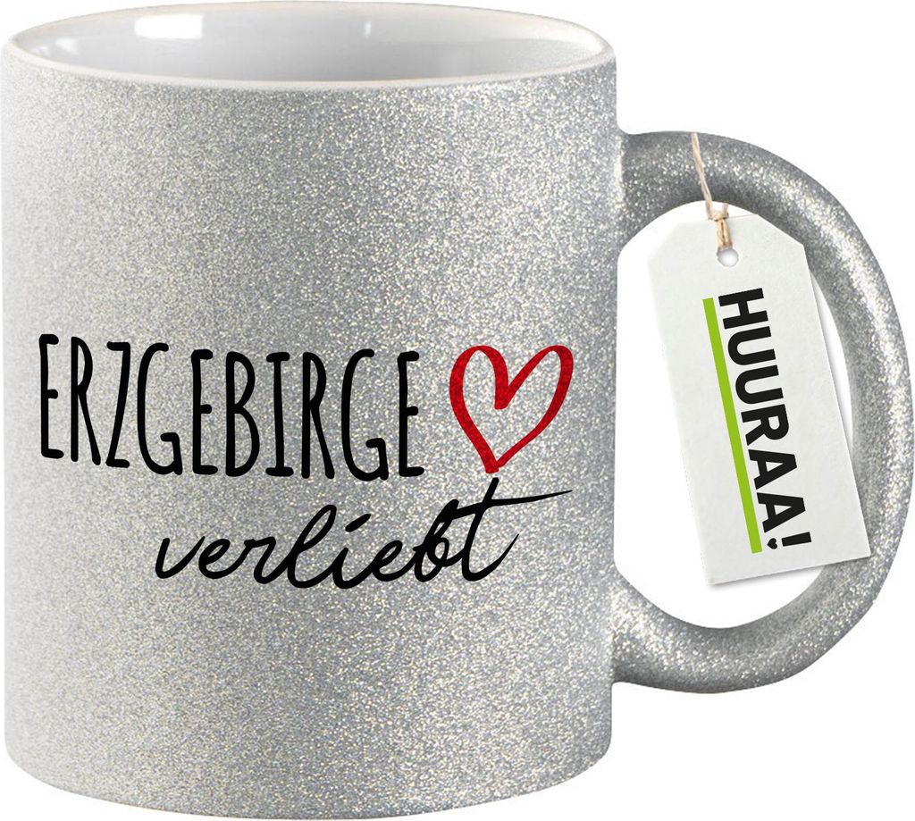 Huuraa Glitzertasse Erzgebirge verliebt 330ml Silber Keramik Kaffeebecher Geschenkidee