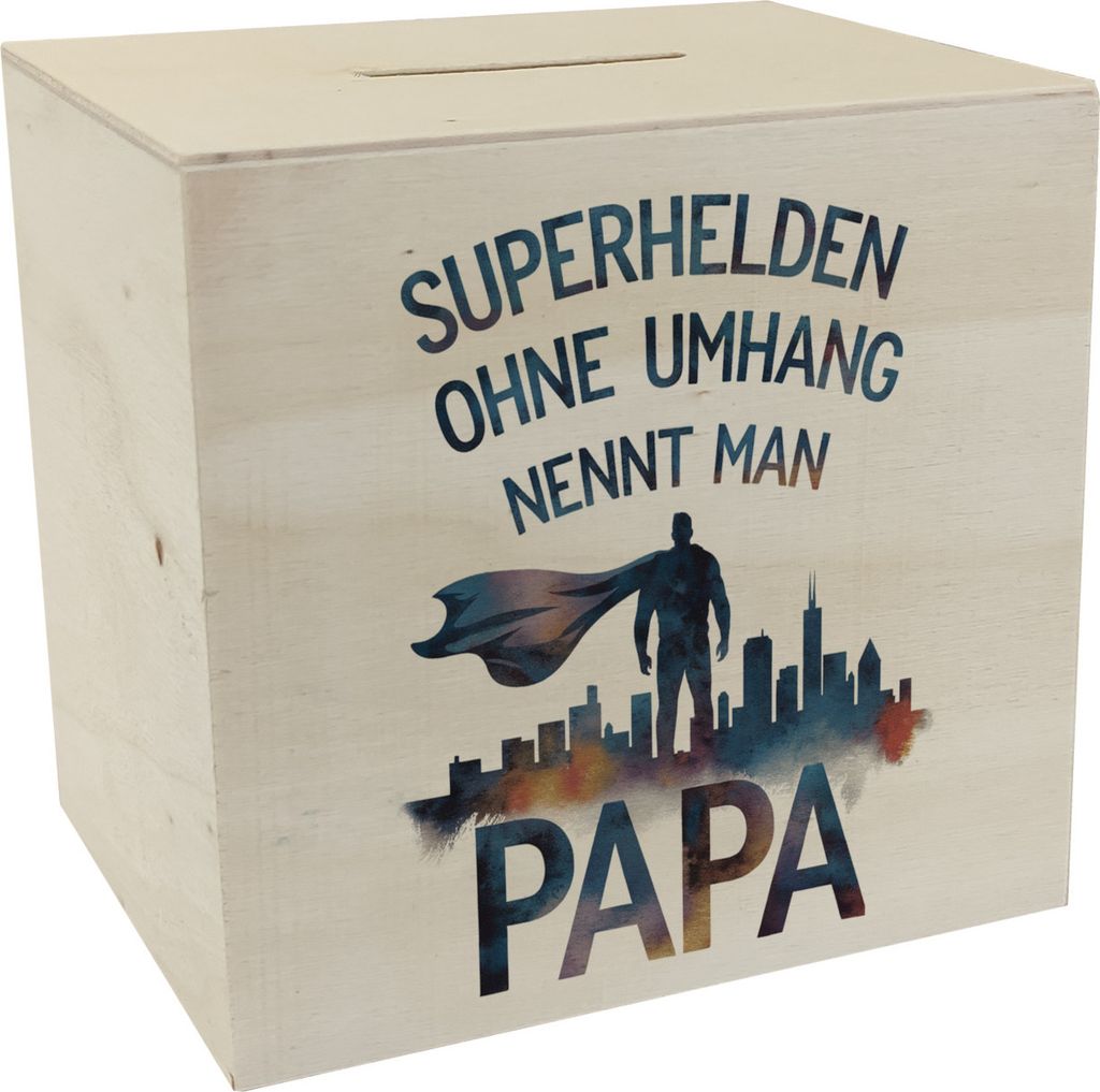 Superhelden Papa Umhang Spardose aus Holz