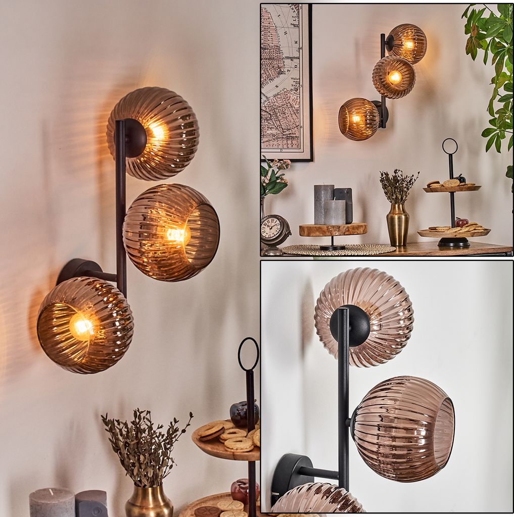Cesaro Wandlampe aus Metall/Riffelglas in Schwarz/Kupferfarben