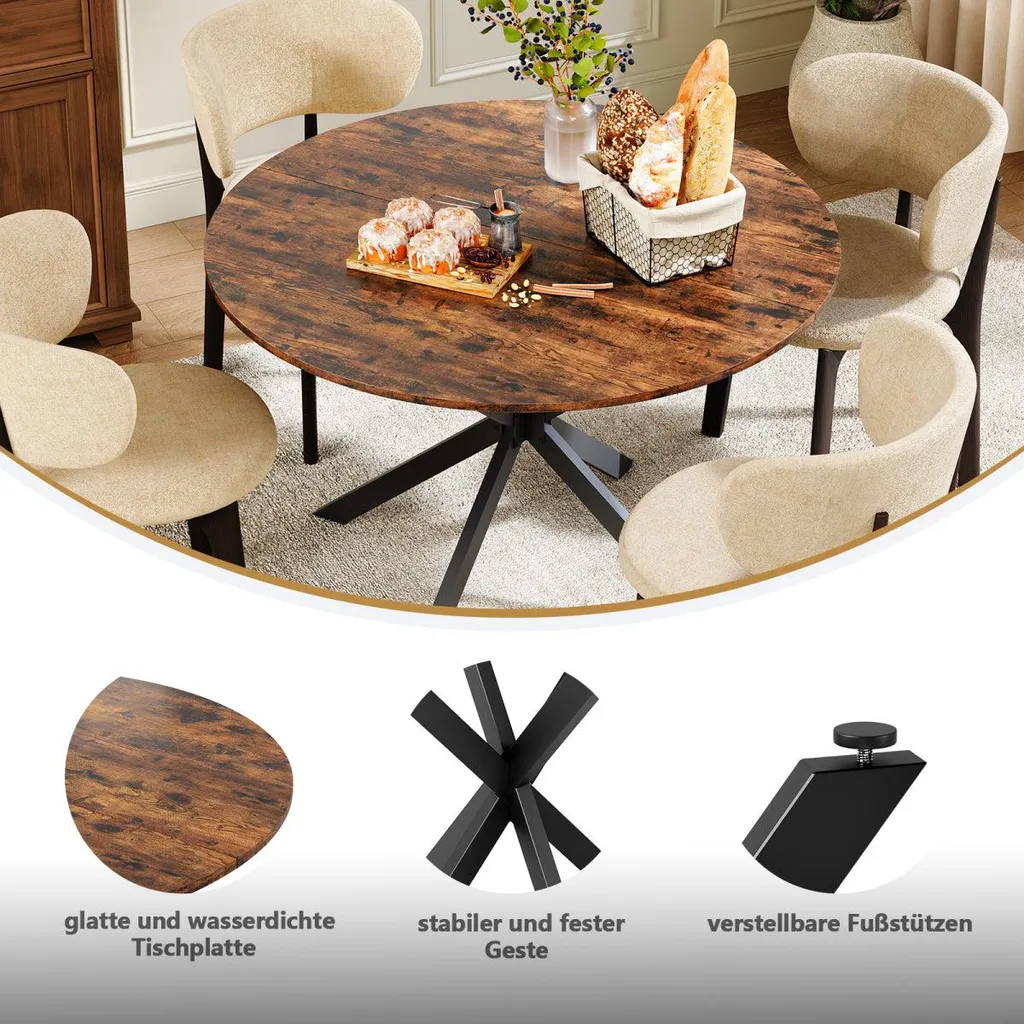 Table à manger ronde stable style industriel pour 6 personnes max